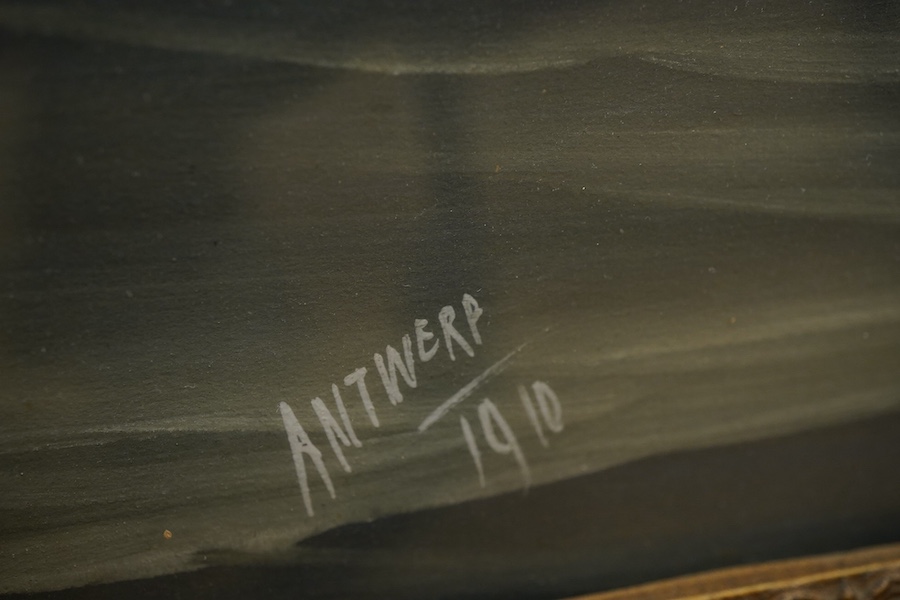 F. Corpuz (19th/20th. C), Study of a steamship at sea, signed and dated 1910, inscribed 'Antwerp', gouache, 41 x 66cm